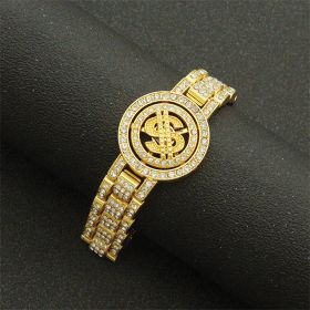 Gold/Silver Bracelet for Men with Turning Dollar Sign Hip Hop Personality Cool Full Diamond Punk Bracelet (Color: Golden)